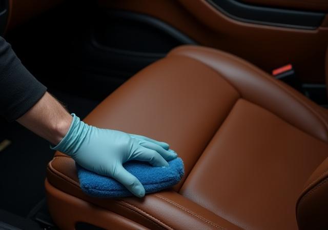 Technician cleaning the leather seat of a luxury vehicle